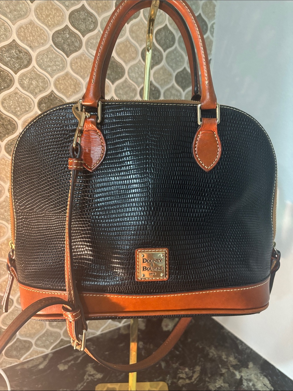 Dooney & Bourke Black Textured Satchel with Brown Trim